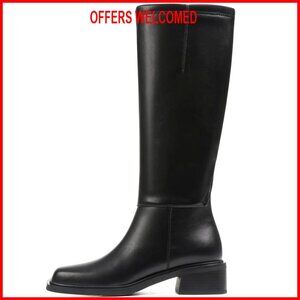 Knee High Boots Low Heel Square Toe Zipper Comfortable Walking Shoes Women